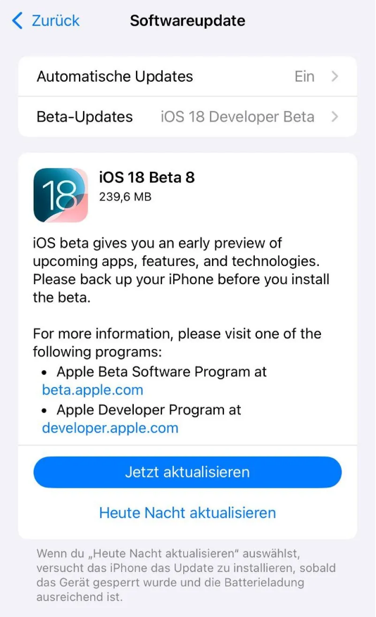 企石镇苹果手机维修分享苹果 iOS / iPadOS 18 开发者预览版 Beta 8 发布 